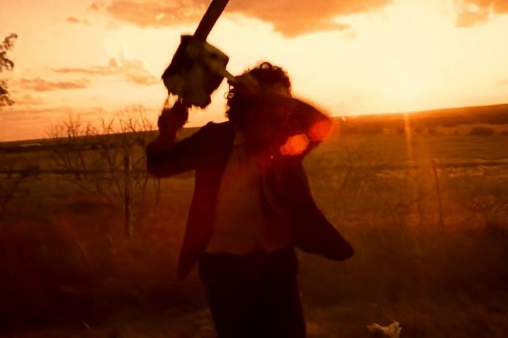 Leatherface running with his chainsaw in "The Texas Chainsaw Massacre" (1974).