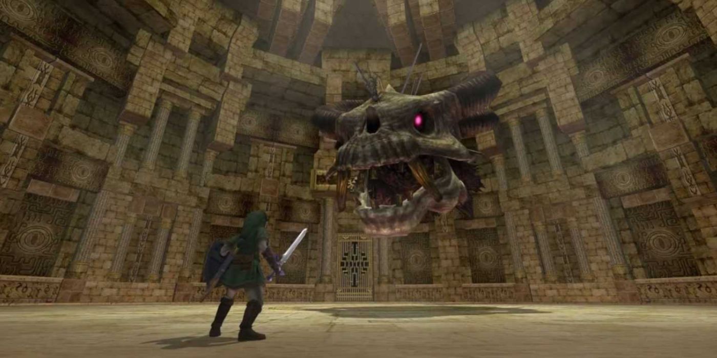 Stallord boss in Twilight Princess, a dinosaur-like head of bones is coming out of a wall towards Link.