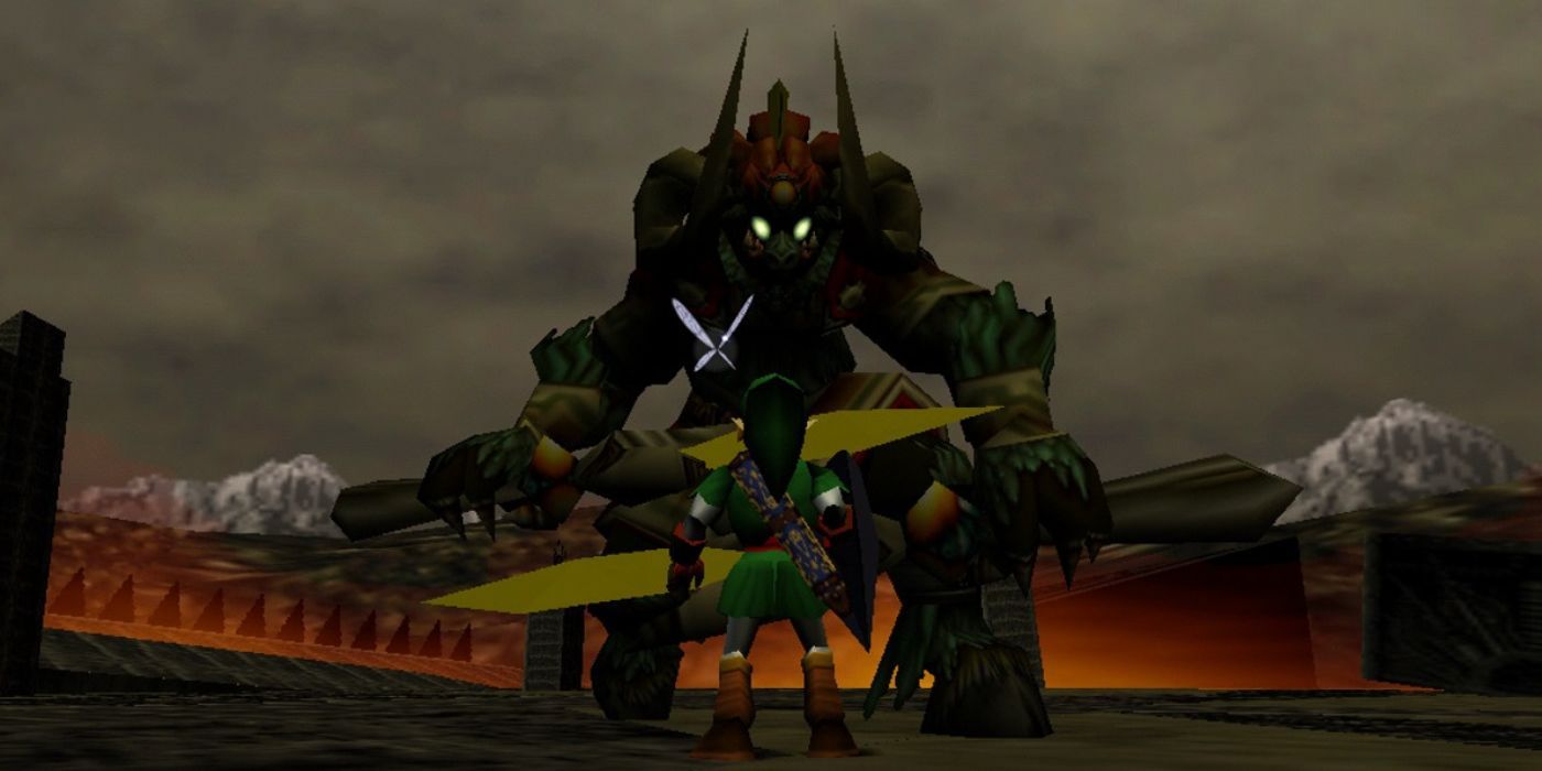 Ganondorf and Link facing each other with a gloomy dark sky in the background in Ocarina of Time.