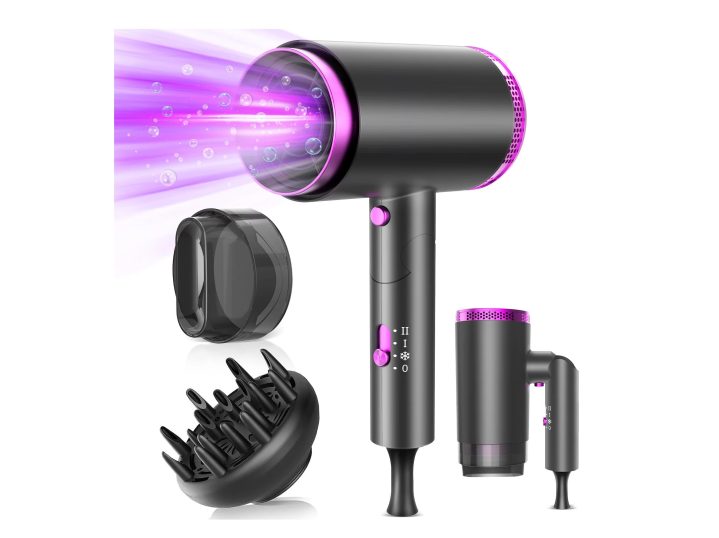 Multiple depictions of the iFanze Professional Ionic Hair Blow Dryer Advanced Version and attachments.