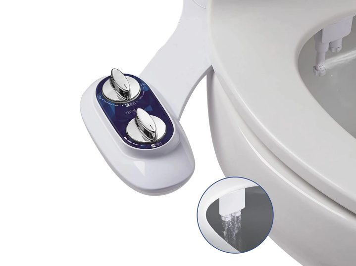 An image of the control knobs for the Veken bidet attachment, with a zoom in view of the two nozzles.