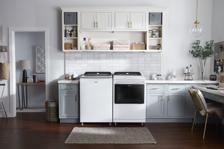 A Whirlpool washer and dryer set in a home.