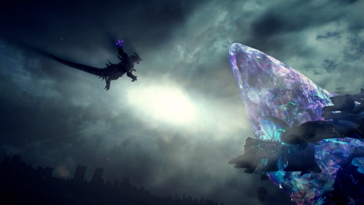 A small Demon is leaping through the at at a colossal monster in Bayonetta 3.