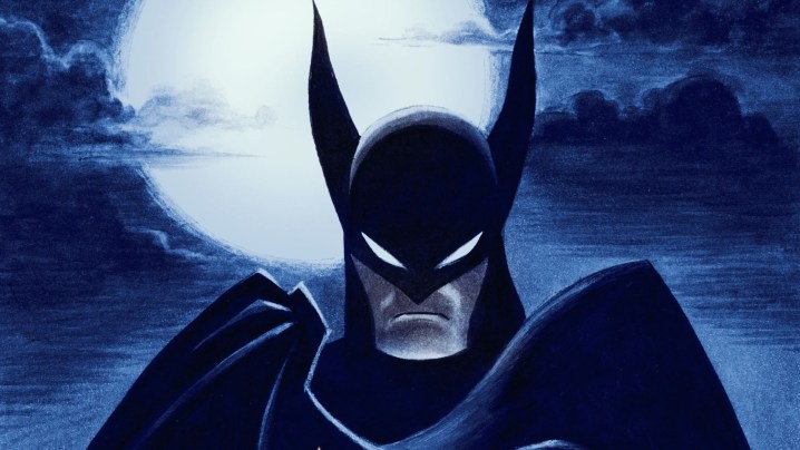 Batman holding his cape under the moonlight in Caped Crusader key art.