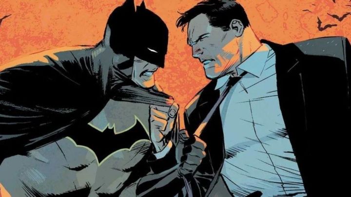 Batman confronting Bruce Wayne in a comic book rendering.