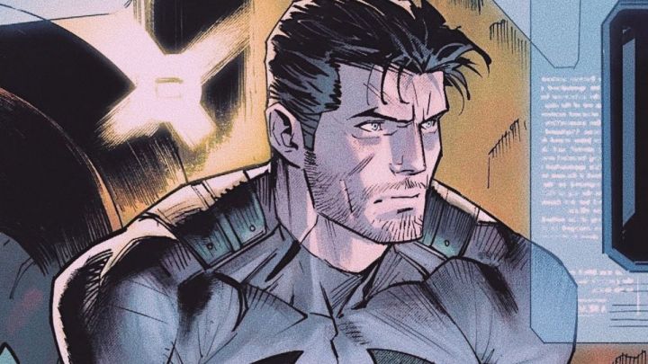 Bruce Wayne in his Batman suit with the mask off in a comic book rendering.