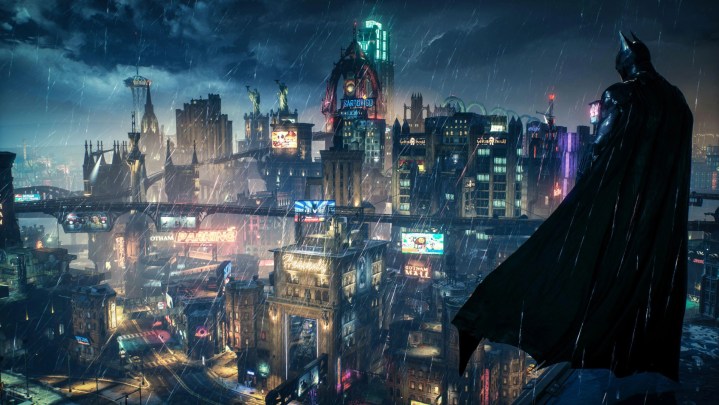 Batman overlooking the neon lights of Gotham in Arkham Knight.