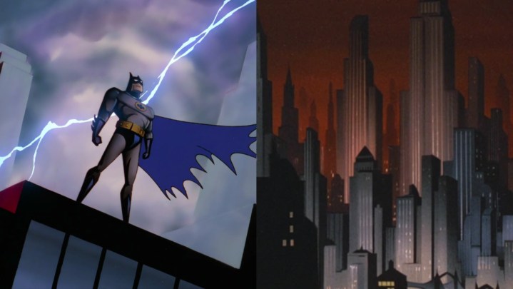 Split image of Batman atop a building and the Gotham cityscape.