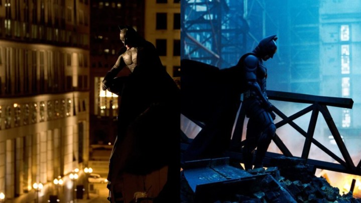 Split image of Batman brooding to the backdrop of Gotham City in Batman Begins and The Dark Knight.