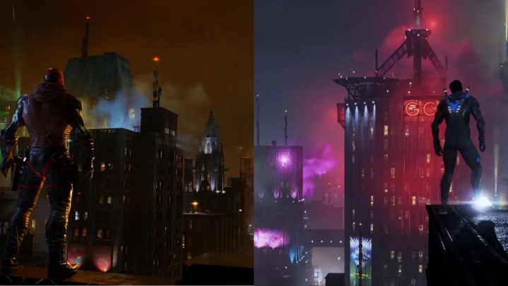Split image of Red Hood and Nightwing overlooking the city in Gotham Knights.