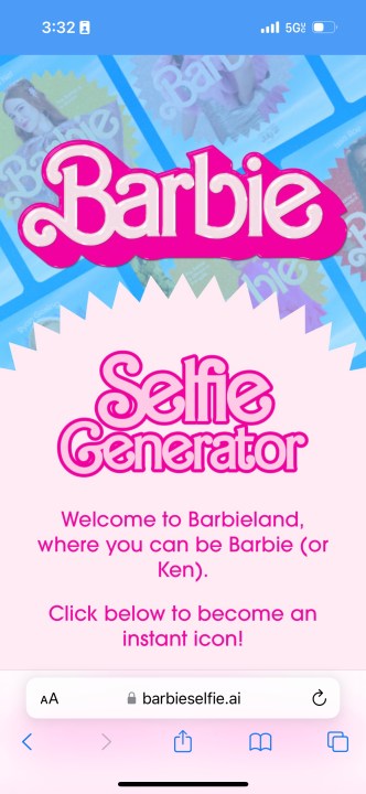 Screenshot of the Barbie Selfie Generator website.