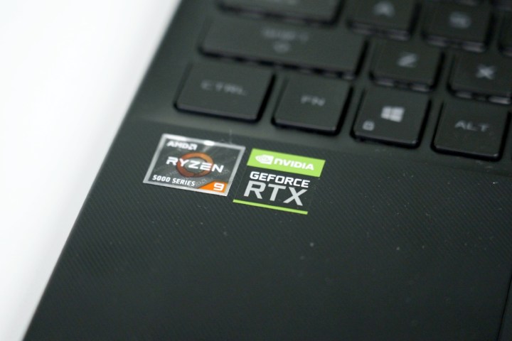 Ryzen and Nvidia RTX stickers on the palm rests of the ROG Flow X13.