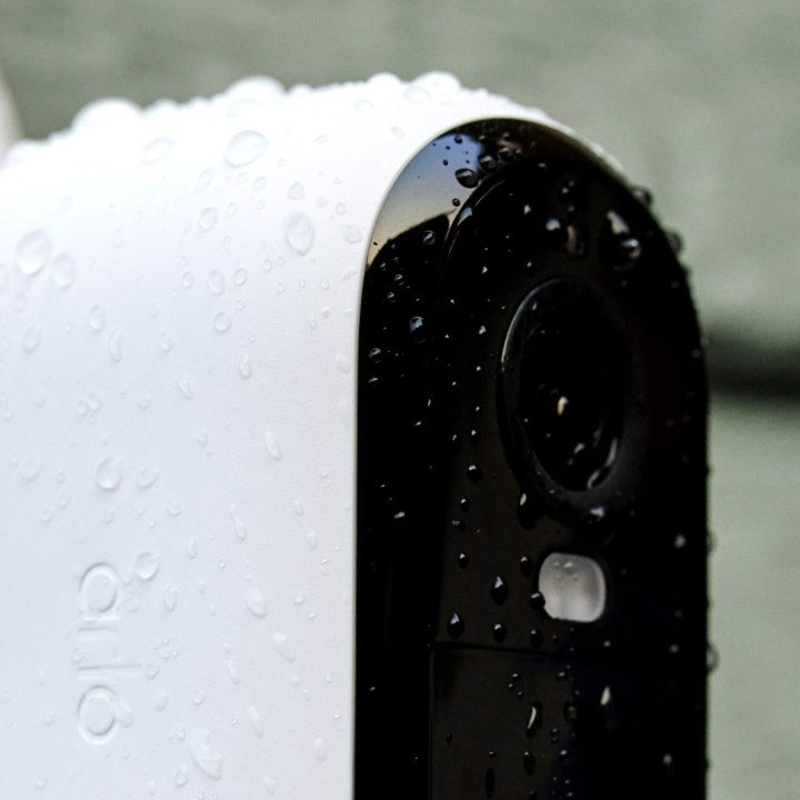 The Arlo XL 2nd Gen with waterdrops on its chassis.