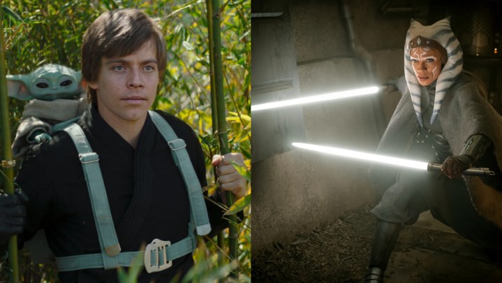 Split image of Luke Skywalker with Groku, and Ahsoka with her lightsabers..