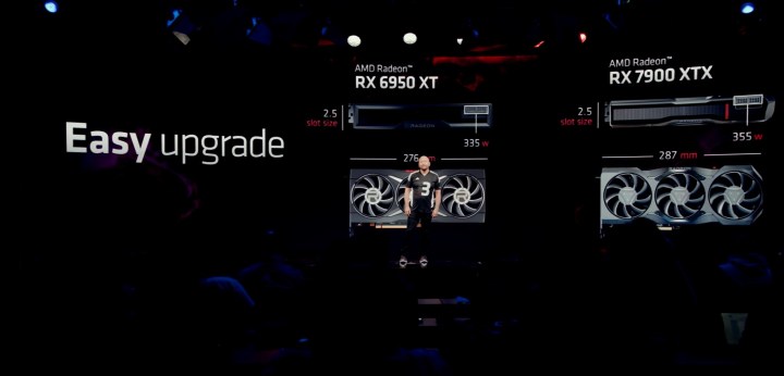A slide showing size and power draw of RX 7000 graphics cards.