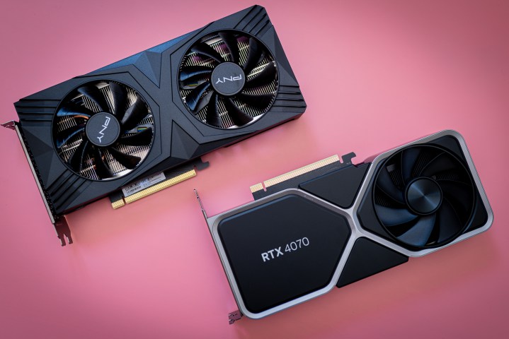 Two RTX 4070 graphics cards sitting side by side.