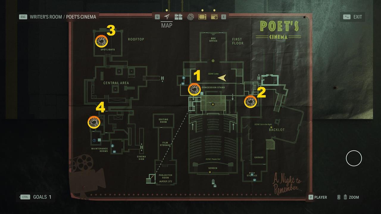 A map showing the Words of Power in Poet's Cinema. 