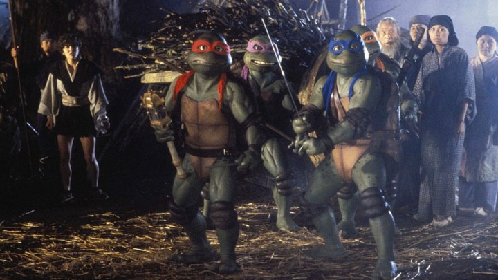 The cast of Teenage Mutant Ninja Turtles III.