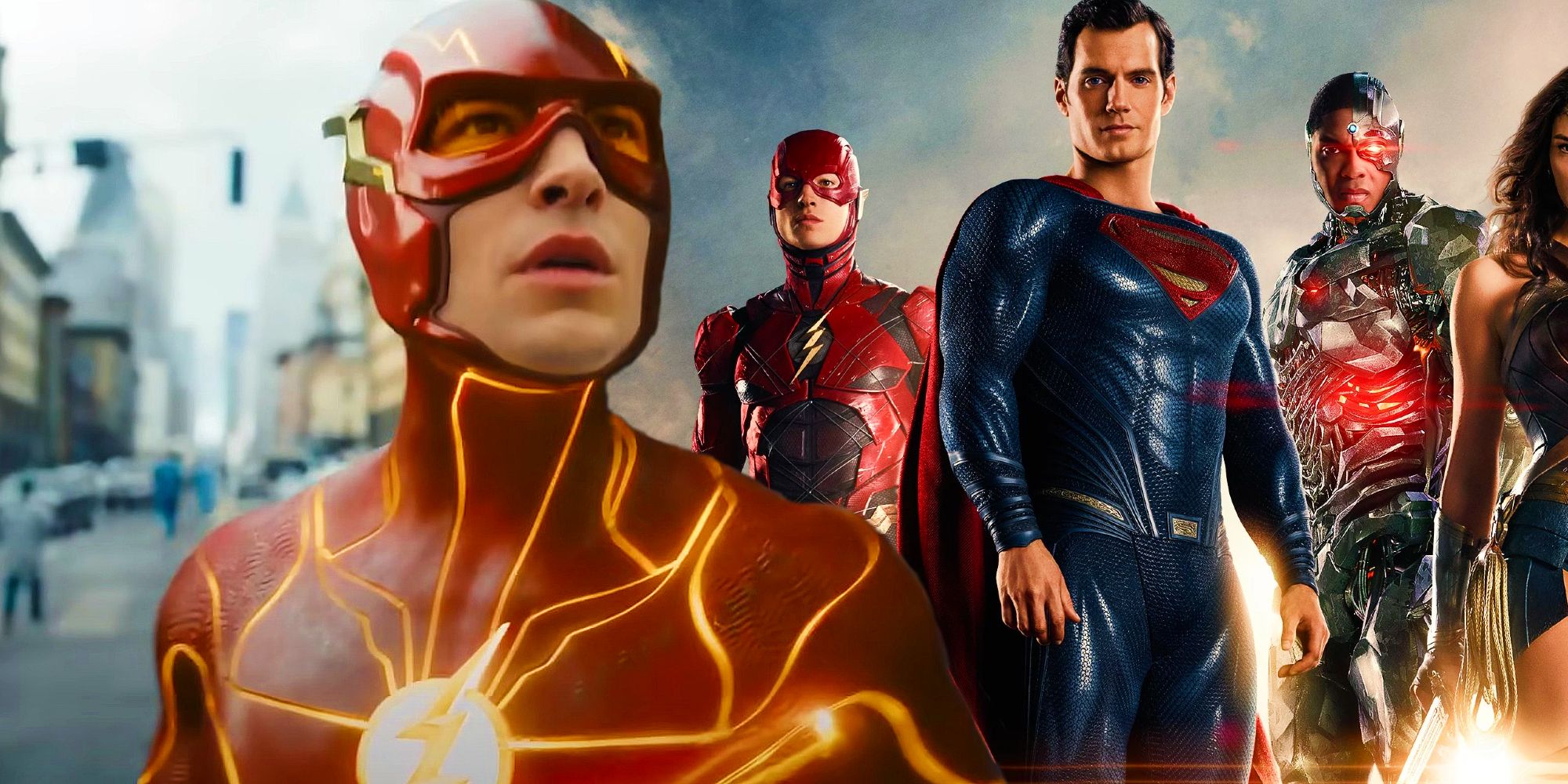 The Flash from the 2023 movie next to Flash, Superman, and Cyborg from the DCEU's Justice League