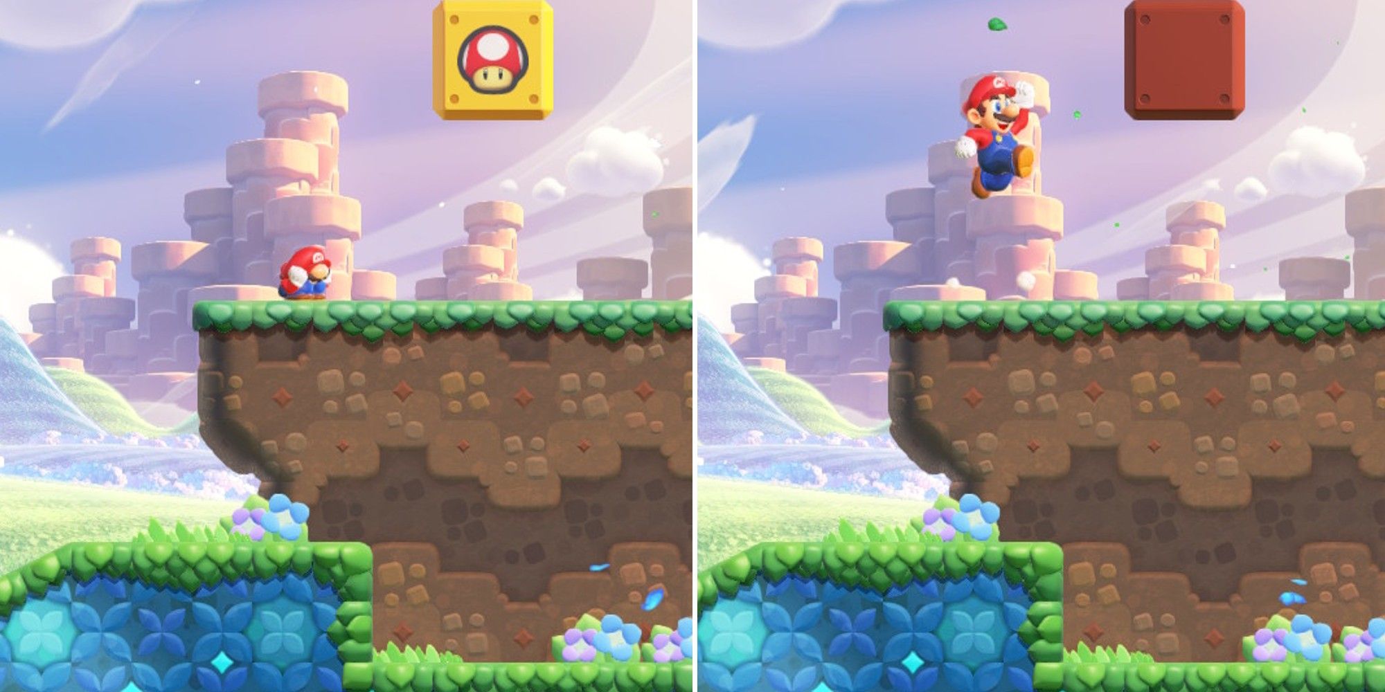 Super Mario Wonder collage showing small Mario and Mario after Super Mushroom