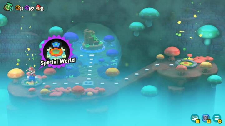 Mario stands on a secret exit in Fungi Mines in Super Mario Bros. Wonder.