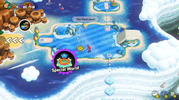 Mario stands in the Petal Islands overworld in Super Mario Bros. Wonder.