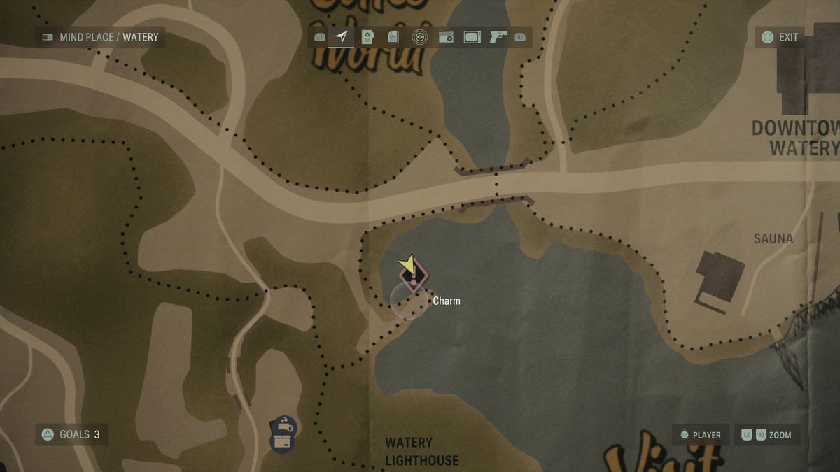 A map of Watery showing the location of a charm in Alan Wake 2