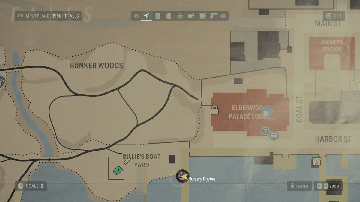 A map shows the location of a Nursery Rhyme in Alan Wake 2