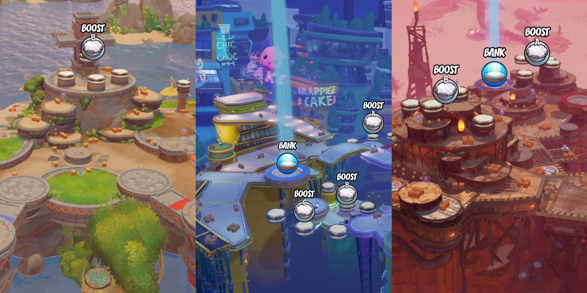 Tiki Towers, City Scrape, and Rusted Refinery, maps from Crash Team Rumble