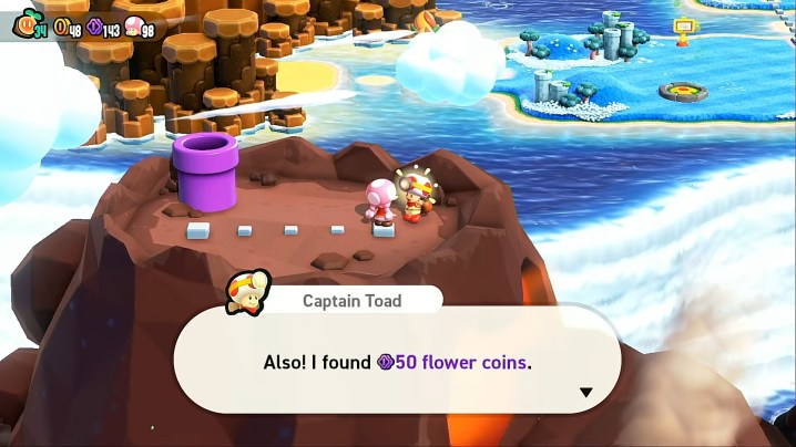CAptain toad giving toadette flower coins.