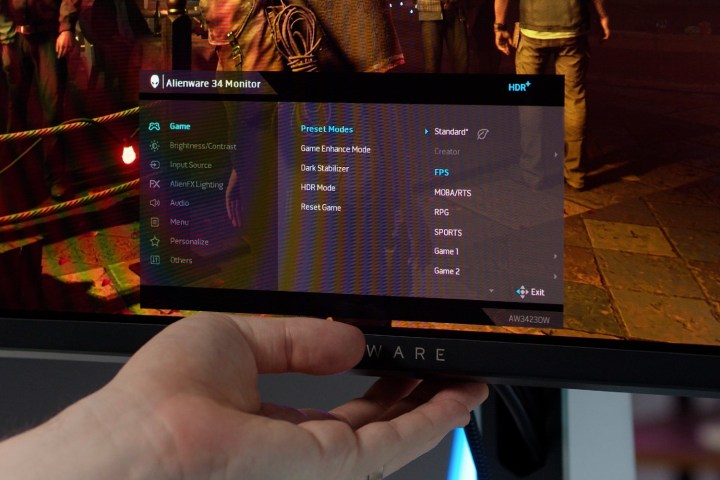 The menu of the Alienware 34 QD-OLED, controlled by a single joystick.