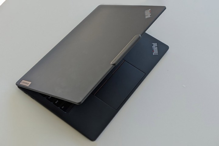 Looking down at the lid of the Thinkpad x13s.