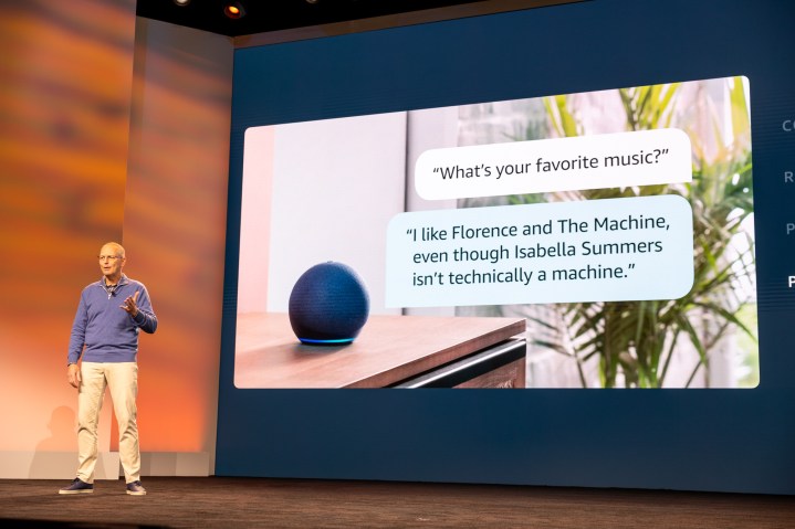 Amazon SVP of Devices and Services Dave Limp demonstrates the Let's Chat feature of Alexa, powered by AI.