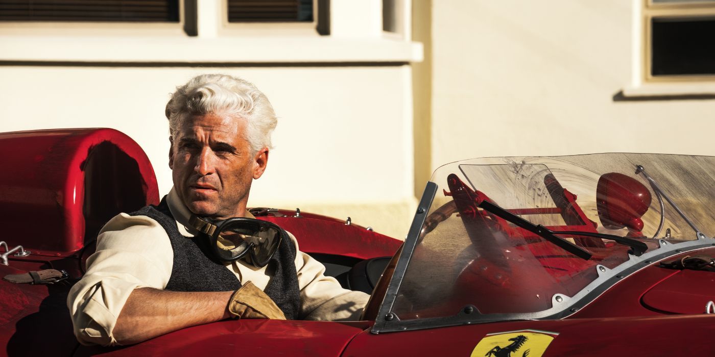 Piero Taruffi (Patrick Dempsey) sitting in a car in Ferrari