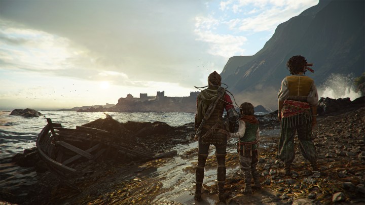 Amicia and Hugo stand on a beach in A Plague Tale: Requiem. 