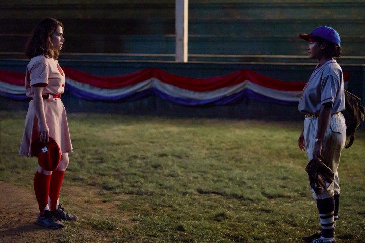 Carson and Max face each other on a baseball field in Amazon's A League of Their Own.