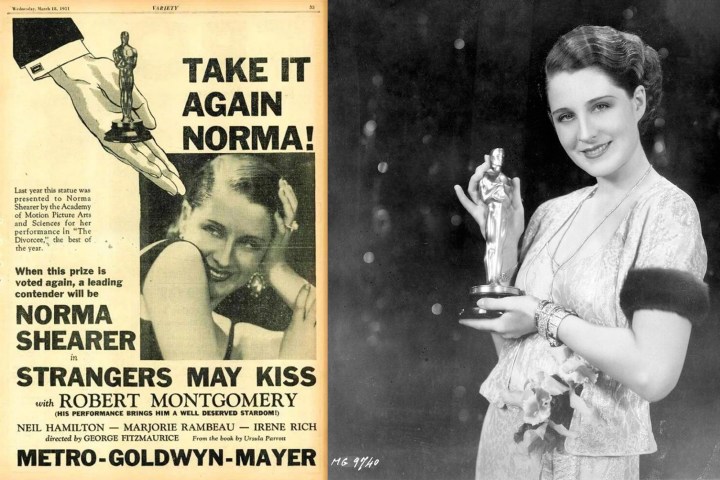 Left: An FYC ad focusing on actress Norma Shearer. Right: Norma Shearer holds an Oscar.