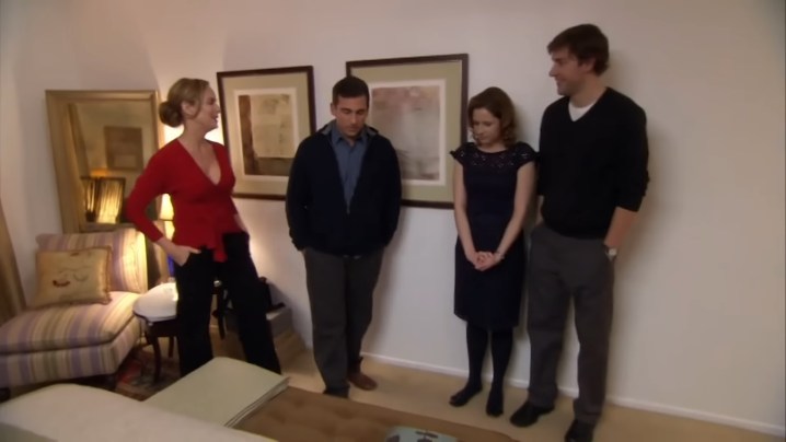 Michael, Jan, Jim, and Pam in Michael's condo in "The Office."