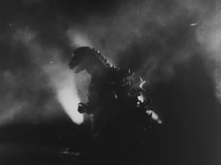 Godzilla with spotlights around him in "Godzilla" (1954).