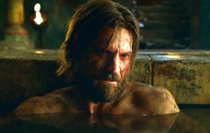 A man sulks and sits in a tub in Game of Thrones.