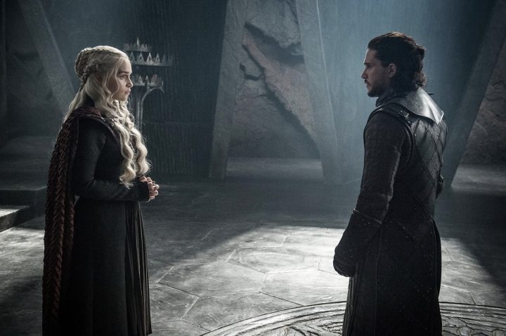 A woman stands across from a man in Game of Thrones.