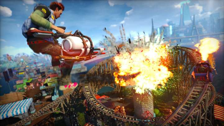 A character shoots a giant explosive in Sunset Overdrive.