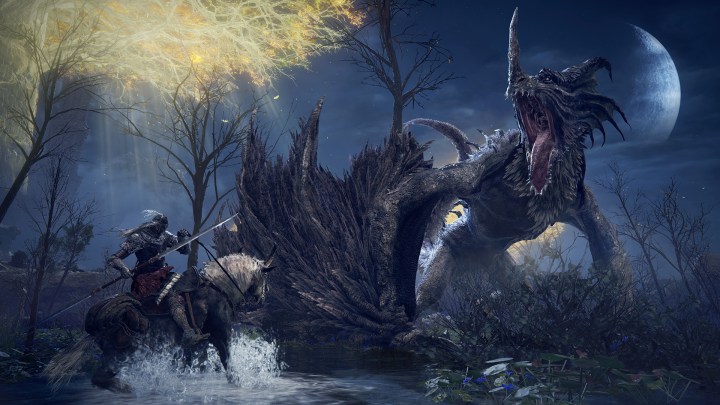 A character fights a dragon in Elden Ring.