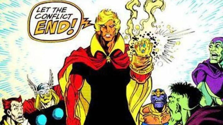 Adam Warlock takes the Infinity Gauntlet in a classic comic book panel.