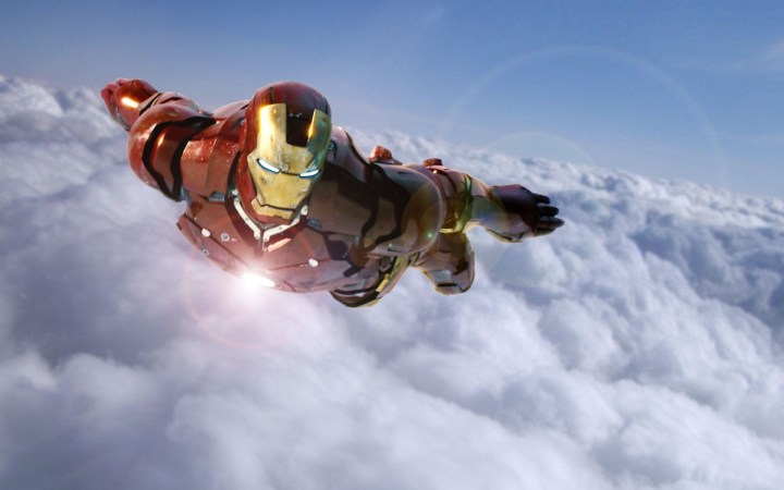 Iron flies in the sky in Iron Man.