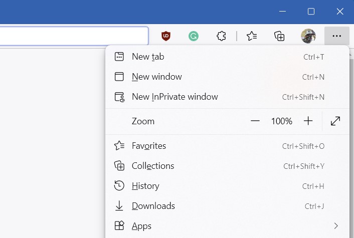 The settings menu in Microsoft Edge.