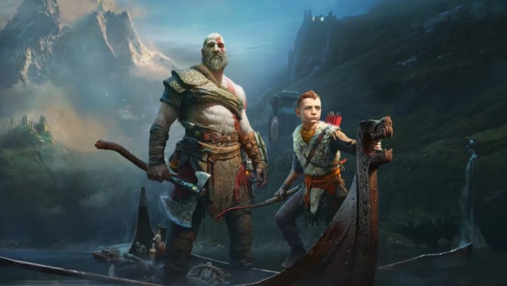 Kratos and Atreus on a boat in God of War promo art.