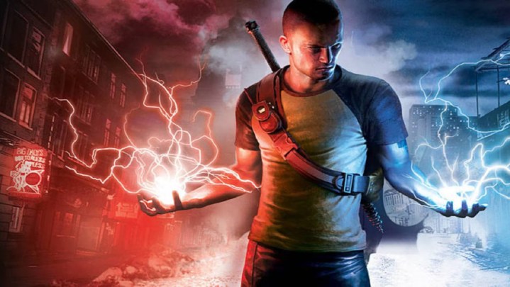Infamous 2 key art with Cole MacGrath wielding red and blue lightning powers.
