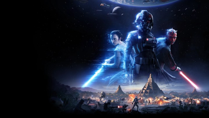Promo art for Battlefront II featuring Rey, and Imperial Trooper, and Maul.
