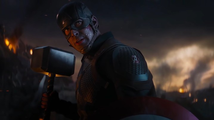 Captain America wielding Mjolnir in "Avengers: Endgame."